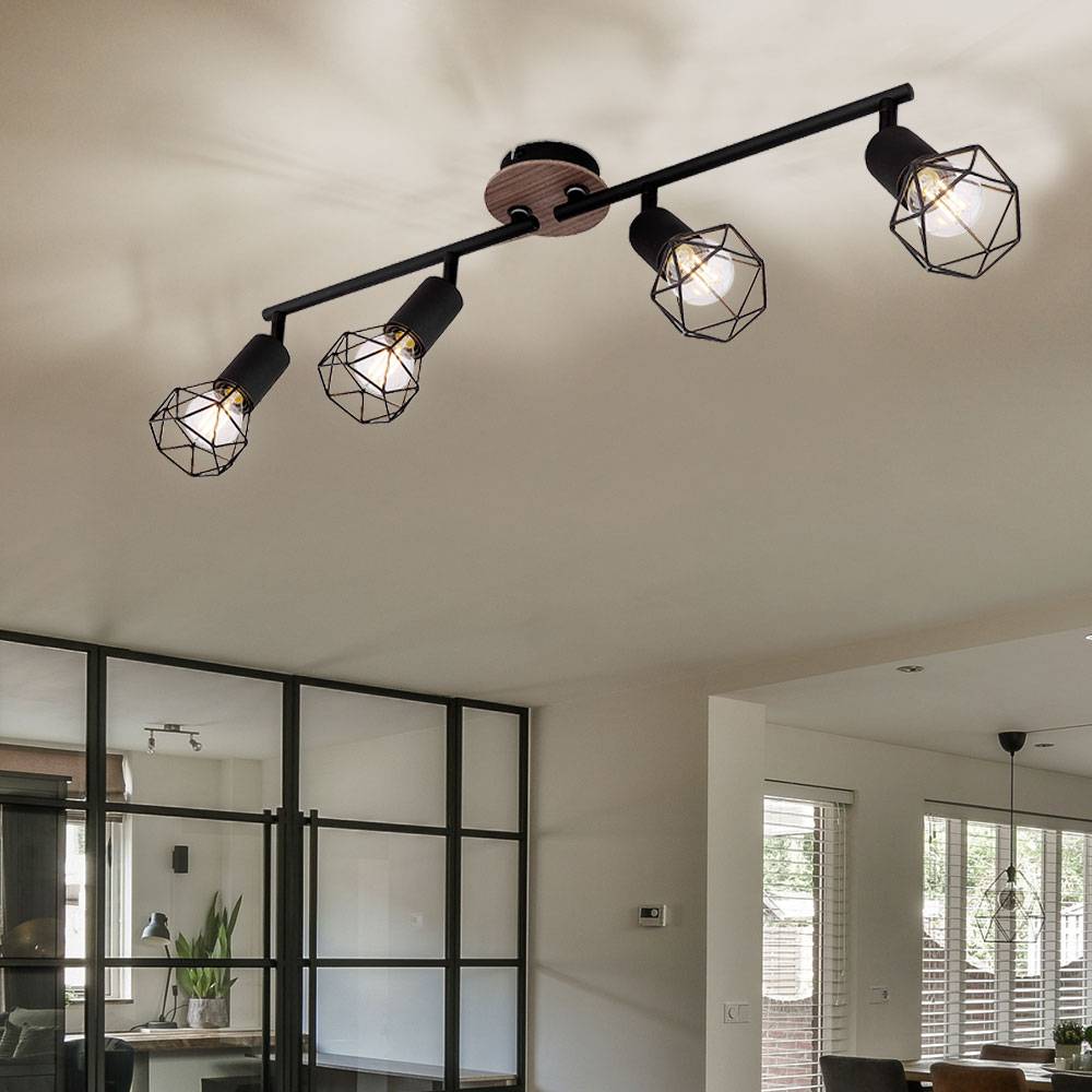 Spotleiste 4-Flammig Deckenleuchte 4 Strahler Deckenlampe schwenkbar, Holz braun Metall schwarz, 4x E14 Fassungen, L 60 cm