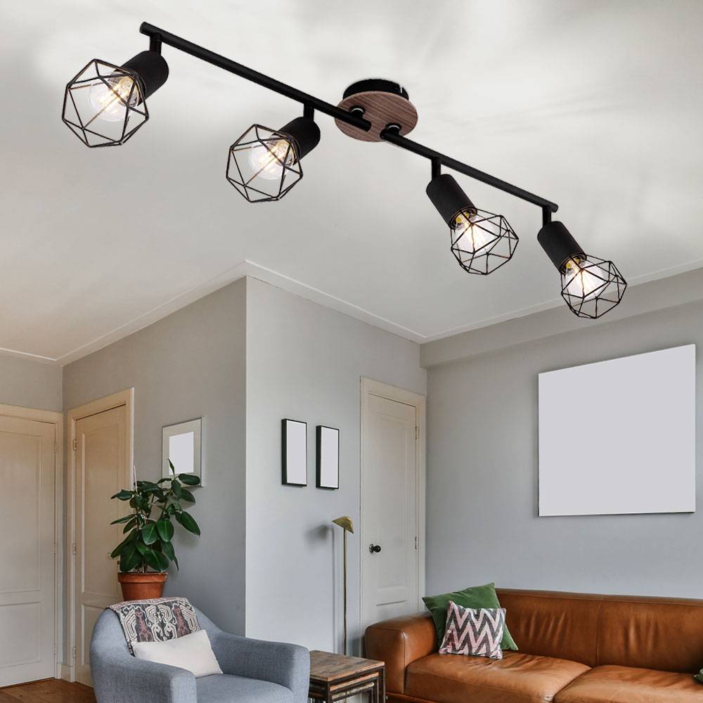 Spotleiste 4-Flammig Deckenleuchte 4 Strahler Deckenlampe schwenkbar, Holz braun Metall schwarz, 4x E14 Fassungen, L 60 cm