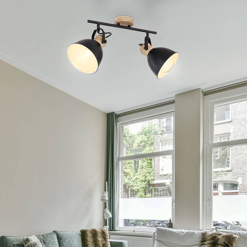 Vintage Deckenlampe Deckenleuchte dimmbar mit Fernbedienung LED Deckenstrahler, RGB Farbwechsel, Spots verstellbar, Holz Optik, Metall schwarz