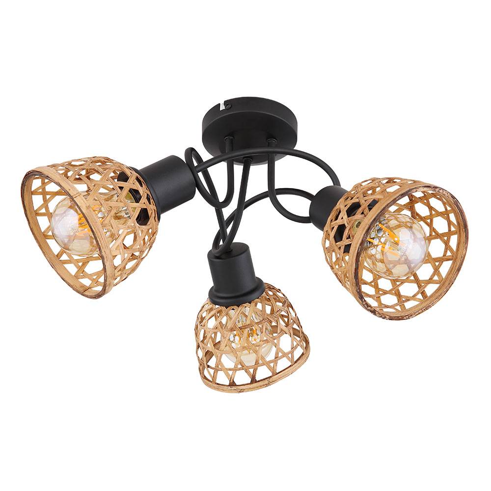 Deckenlampe Bambusgeflecht Deckenleuchte Spotleuchte Wohnzimmer, Metall, Fernbedienung dimmbar, 3x RGB LED 9W 806Lm, D x H 46 x 25