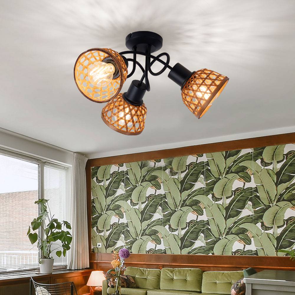 Deckenlampe Bambusgeflecht Deckenleuchte Spotleuchte Wohnzimmer, Metall, Fernbedienung dimmbar, 3x RGB LED 9W 806Lm, D x H 46 x 25