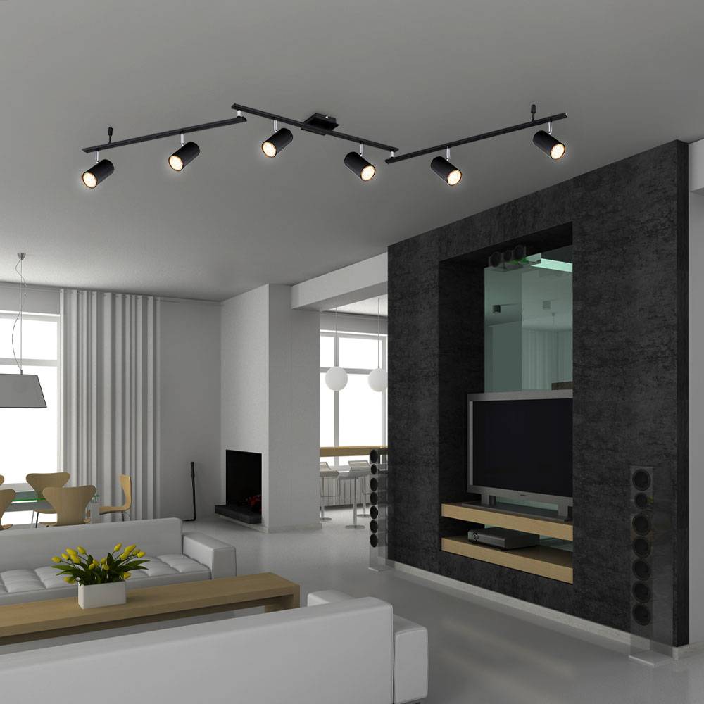 Deckenstrahler 6 flammig Spotleiste Deckenleuchte Deckenlampe schwarz Metall, verstellbare Lampenarme und Spots, 6x Gu10, LxBxH 180x10x18,5 cm