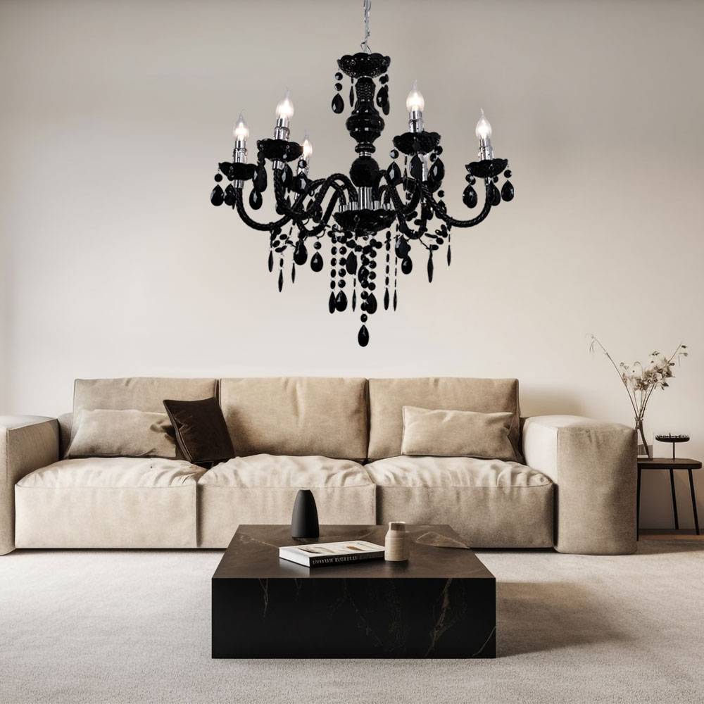 Kronleuchter Metall Hängelampe Schlafzimmer Chrom Lüster Pendellampe 5 Flammig Chrom, Acryldekor schwarz, 6x E14, DxH 57x166cm