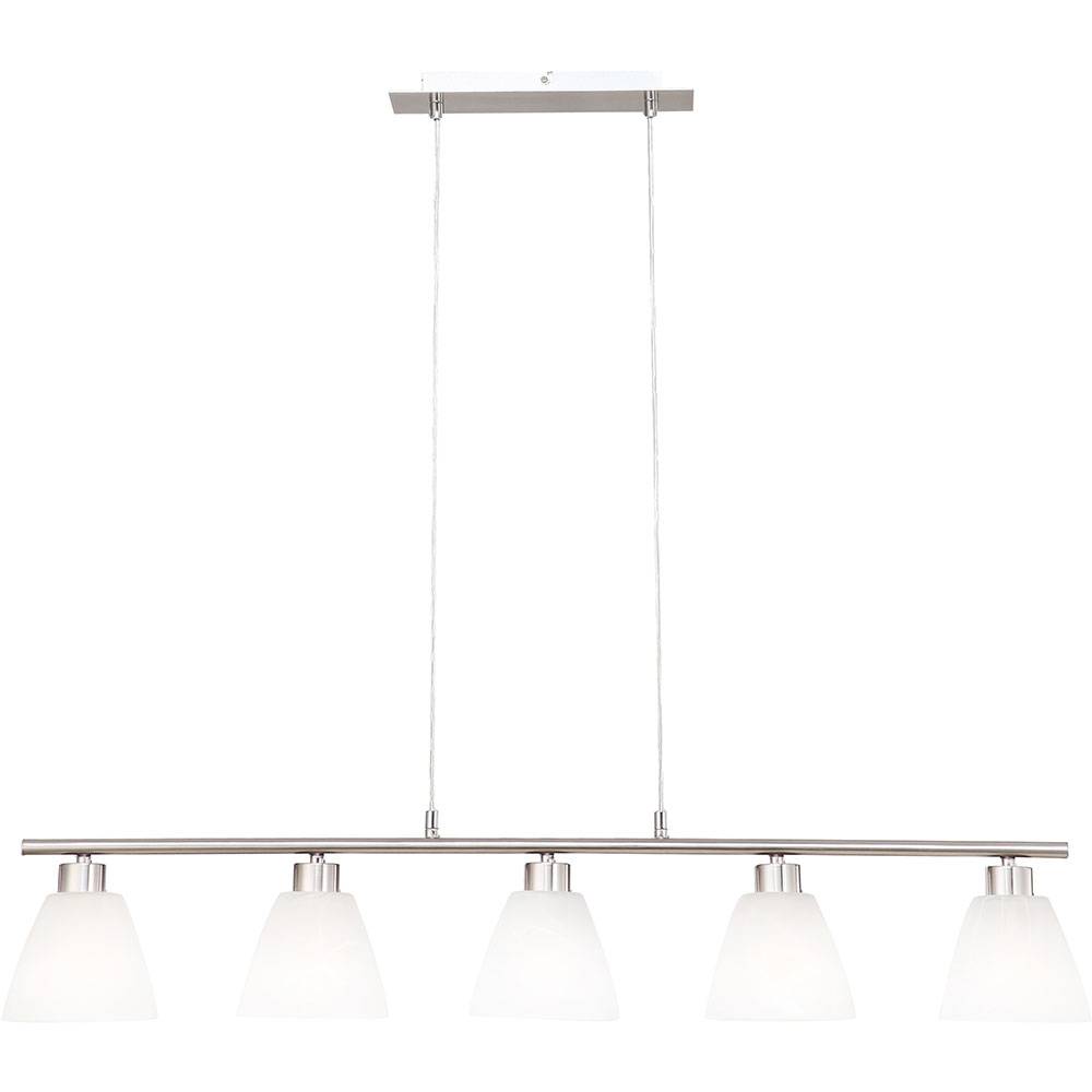 Esstischlampe Hängelampe Esstisch Hängeleuchte silber höhenverstellbar, 5 flammig, Metall nickel Glas weiß 5x E14 Fassungen HxLxB 120x93x13cm
