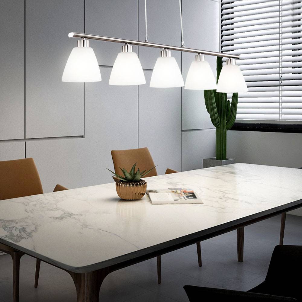 Esstischlampe Hängelampe Esstisch Hängeleuchte silber höhenverstellbar, 5 flammig, Metall nickel Glas weiß 5x E14 Fassungen HxLxB 120x93x13cm