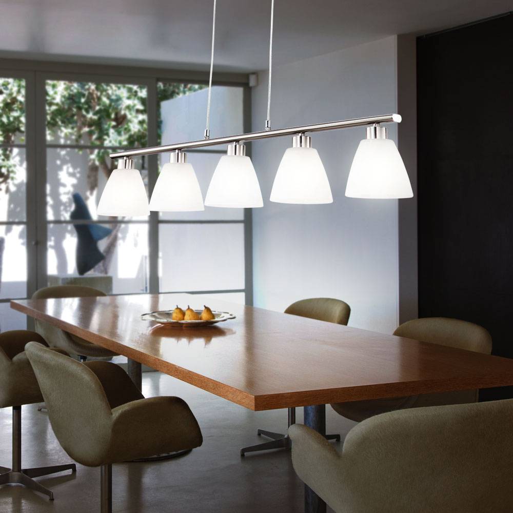 Esstischlampe Hängelampe Esstisch Hängeleuchte silber höhenverstellbar, 5 flammig, Metall nickel Glas weiß 5x E14 Fassungen HxLxB 120x93x13cm
