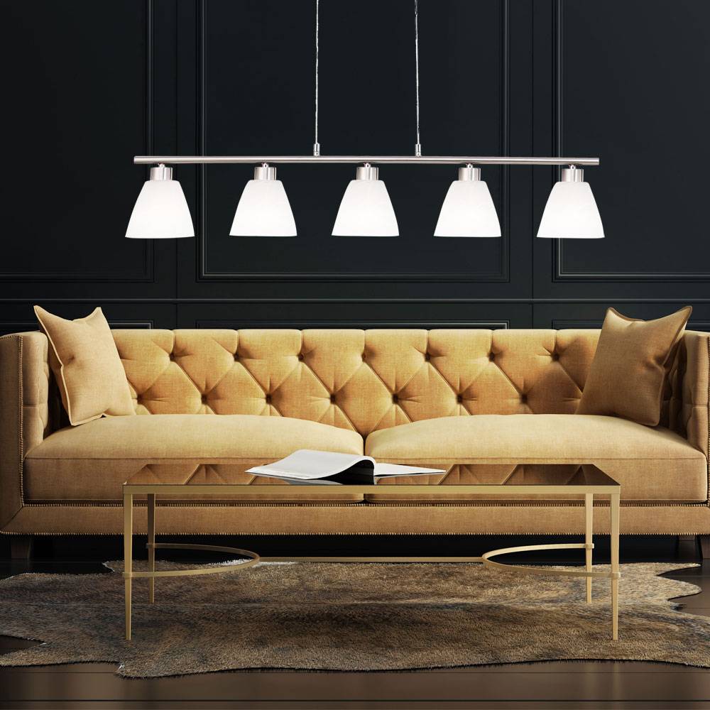 Esstischlampe Hängelampe Esstisch Hängeleuchte silber höhenverstellbar, 5 flammig, Metall nickel Glas weiß 5x E14 Fassungen HxLxB 120x93x13cm