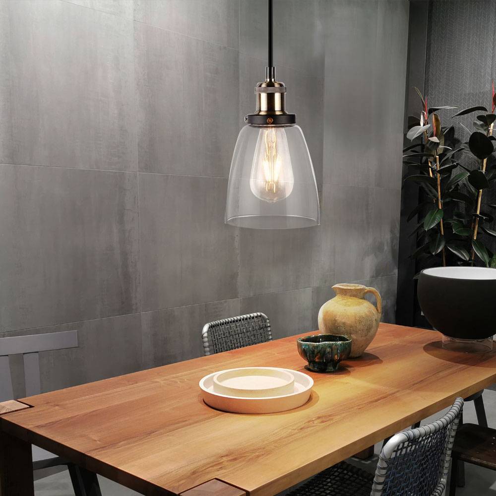 Pendelleuchte Schirmleuchte Hängelampe Pendellampe Hängeleuchte Esszimmer, Metall Glas transparent schwarz, 1x E27 Fassung, DxH 14x113 cm