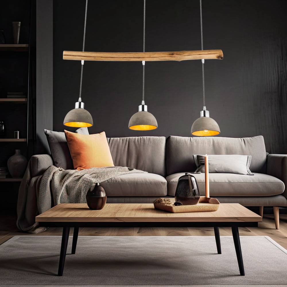 Pendellampe Hängelampe Hängeleuchte Holzlampe Leuchte Pendelleuchte Esszimmerlampe, 3 Flammig Landhaus, Beton gold natur Metall nickel, E27 Fassunge