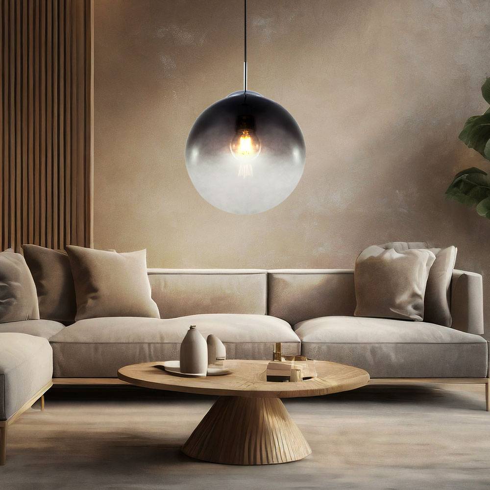 Hängeleuchte Kugelleuchte Rauchglas Pendelleuchte Glaskugel Hängelampe, nickel-matt, E27 Fassung, DxH 33x120 cm