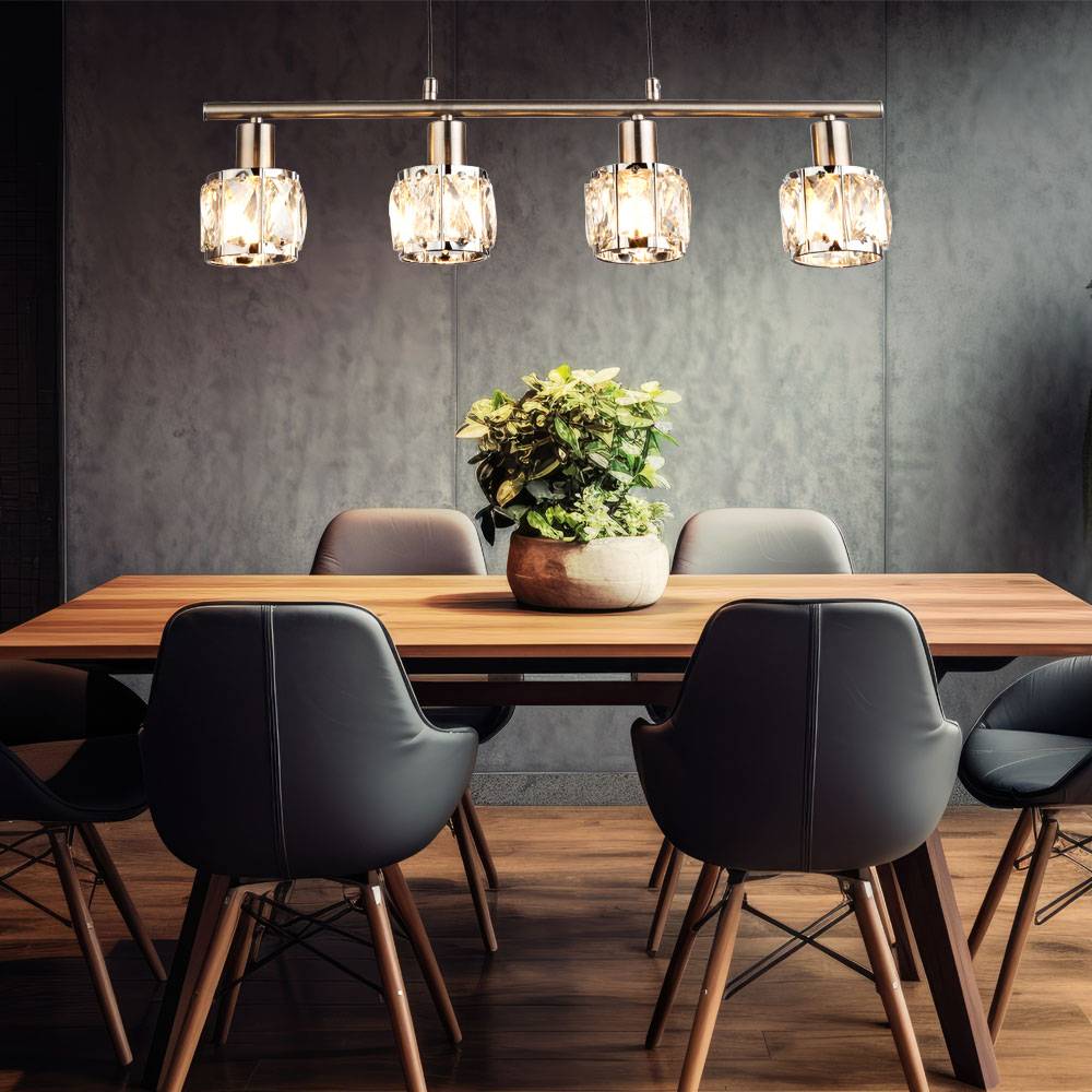 Hängeleuchte höhenverstellbar Pendelleuchte Kristalle Esszimmerlampe Glaskristalle, Chrom nickel-matt, 4x E14 Fassung, LxBxH 60x9,2x160 cm