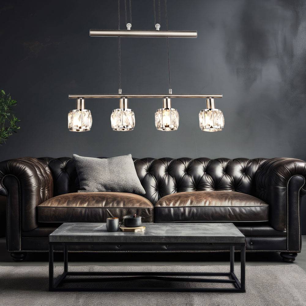 Pendelleuchte höhenverstellbar Esstischlampe Zugpendellampe Hängeleuchte 4 flammig, chrom Glaskristalle, 4x E14, LxH 60 x 160 cm