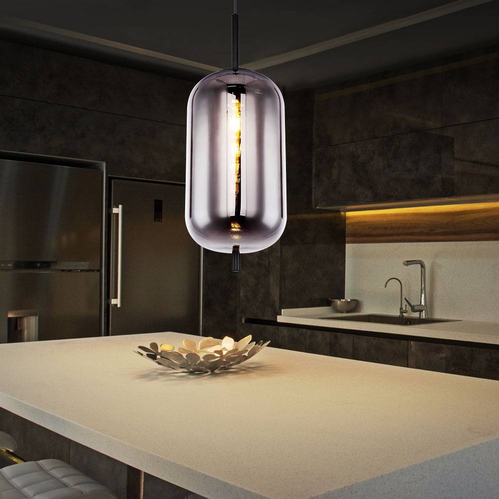 Pendellampe Pendelleuchte Hängelampe Hängeleuchte Esszimmerlampe, Metall schwarz Rauchglas, 1x E27 Fassung, DxH 22x120cm