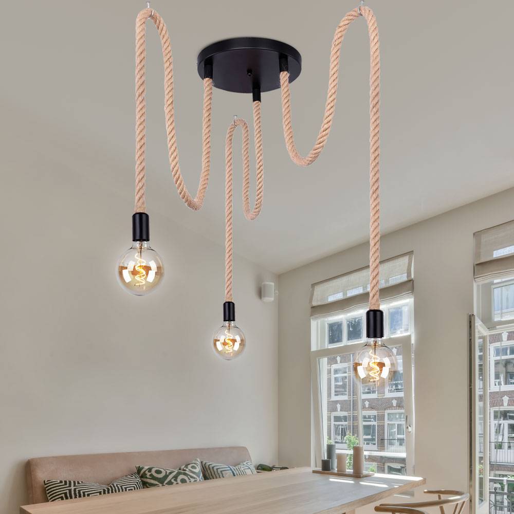 Pendel Lampe Ess Zimmer Beleuchtung Hanfseil Glas Decken Hänge Leuchte braun