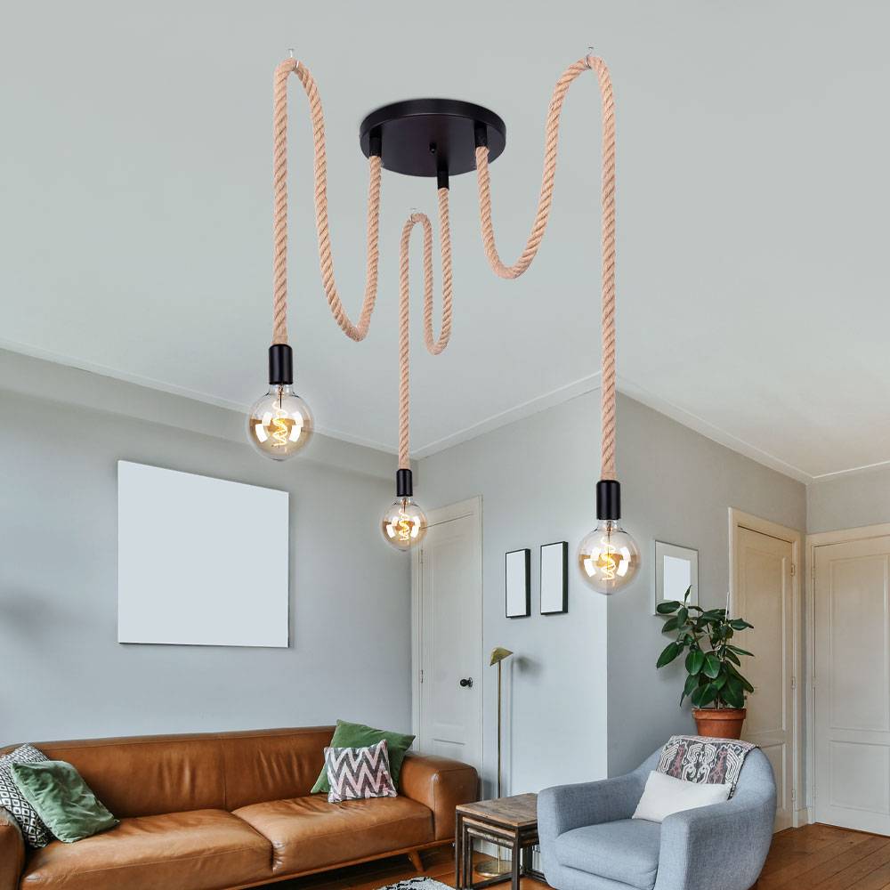 Pendel Lampe Ess Zimmer Beleuchtung Hanfseil Glas Decken Hänge Leuchte braun