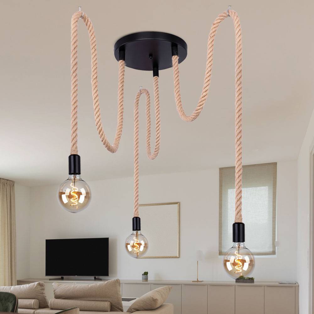 Pendel Lampe Ess Zimmer Beleuchtung Hanfseil Glas Decken Hänge Leuchte braun