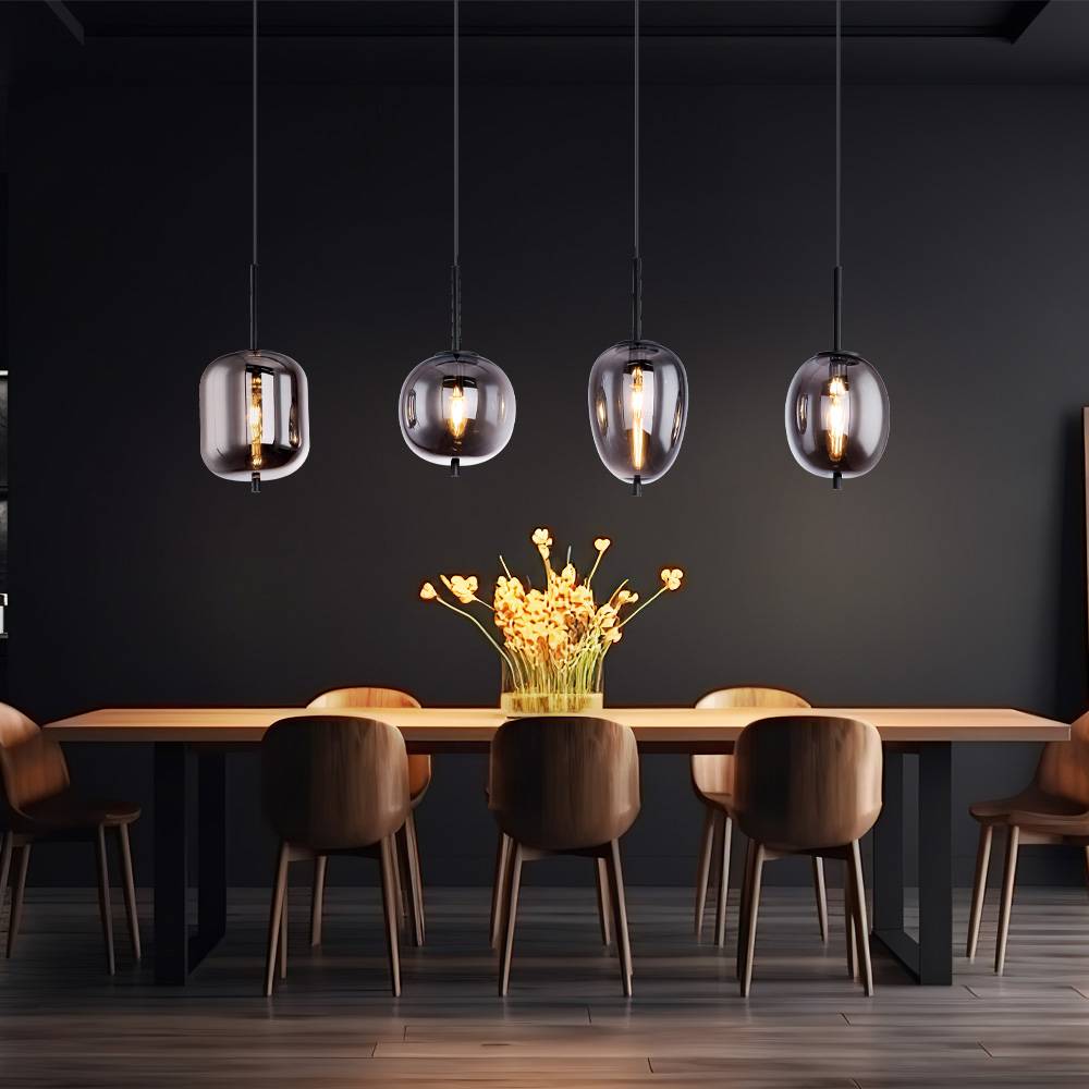 Hängeleuchte Esszimmerlampe Wohnzimmer Pendelleuchte Lampe, 4 flammig, Metall Glas rauchfarben, 4x E14 Fassungen, LxH 120x100 cm