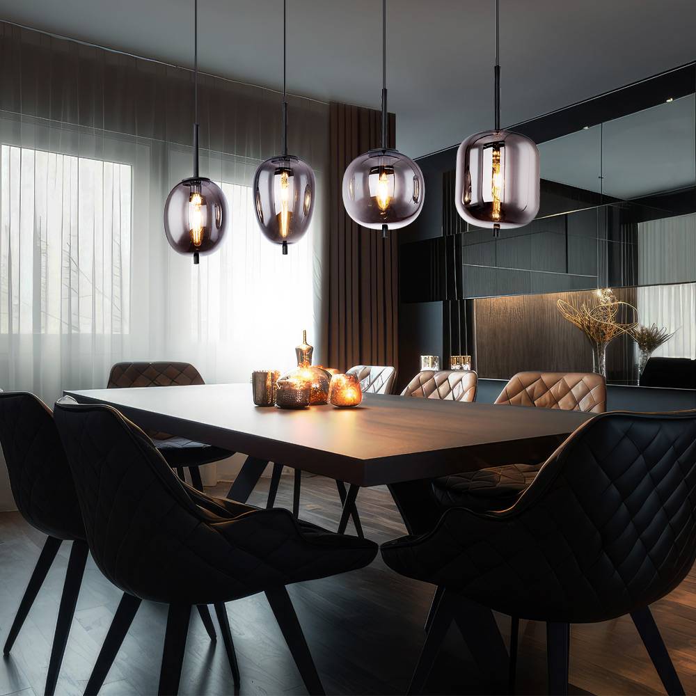 Hängeleuchte Esszimmerlampe Wohnzimmer Pendelleuchte Lampe, 4 flammig, Metall Glas rauchfarben, 4x E14 Fassungen, LxH 120x100 cm