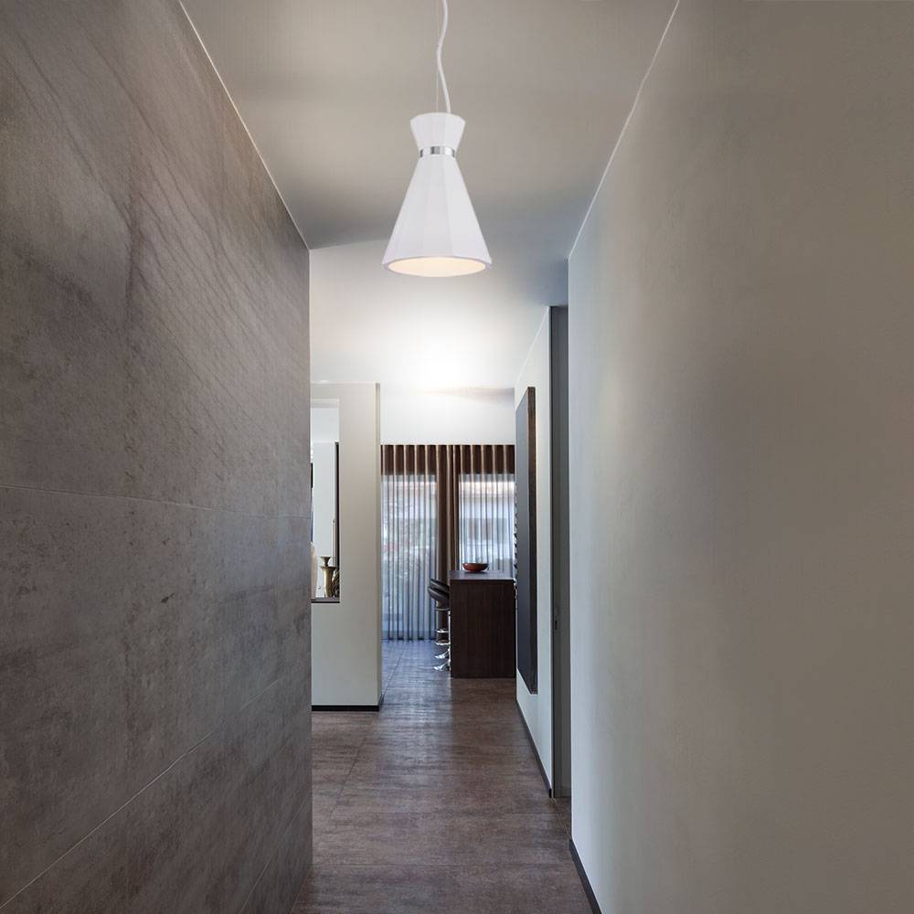 Hängelampe Pendelleuchte Wohnzimmer Hängeleuchte Pendellampe Gips weiß Kegelleuchte, Metall Chromring, 1x E27 Fassung, DxH 20x177,5 cm