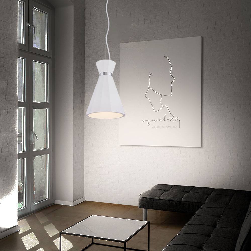 Hängelampe Pendelleuchte Wohnzimmer Hängeleuchte Pendellampe Gips weiß Kegelleuchte, Metall Chromring, 1x E27 Fassung, DxH 20x177,5 cm