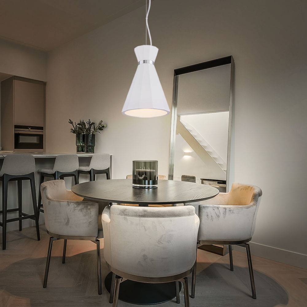 Hängelampe Pendelleuchte Wohnzimmer Hängeleuchte Pendellampe Gips weiß Kegelleuchte, Metall Chromring, 1x E27 Fassung, DxH 20x177,5 cm