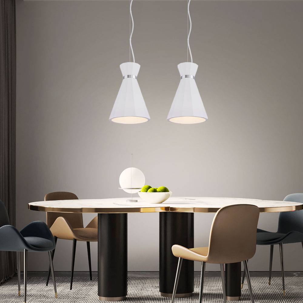 Hängelampe Pendelleuchte Wohnzimmer Hängeleuchte Pendellampe Gips weiß Kegelleuchte, Metall Chromring, 1x E27 Fassung, DxH 20x177,5 cm, 2er Set