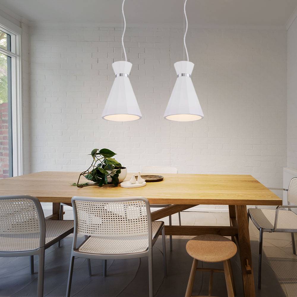 Hängelampe Pendelleuchte Wohnzimmer Hängeleuchte Pendellampe Gips weiß Kegelleuchte, Metall Chromring, 1x E27 Fassung, DxH 20x177,5 cm, 2er Set