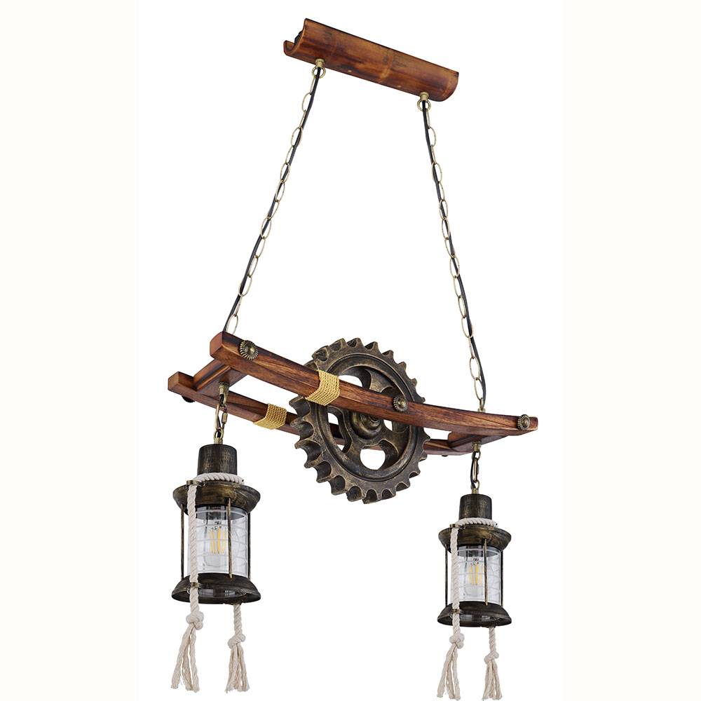 Steampunk Lampe Hängelampe Vintage Industrial Pendelleuchte Holz Metall, Laternen Zahnrad, Glas, messing, 2x E27, LxBxH 62x20x110 cm
