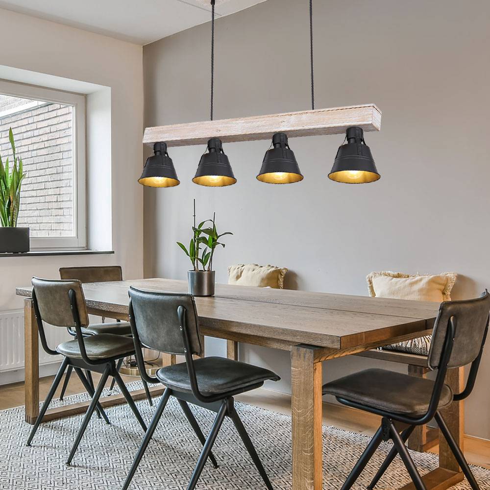 Pendelleuchte Hängelampe Hängeleuchte Holzlampe Esszimmerleuchte Pendellampe Esstisch, 4 Flammig Industriell, Holzbalken natur Metall schwarz, 4x E2