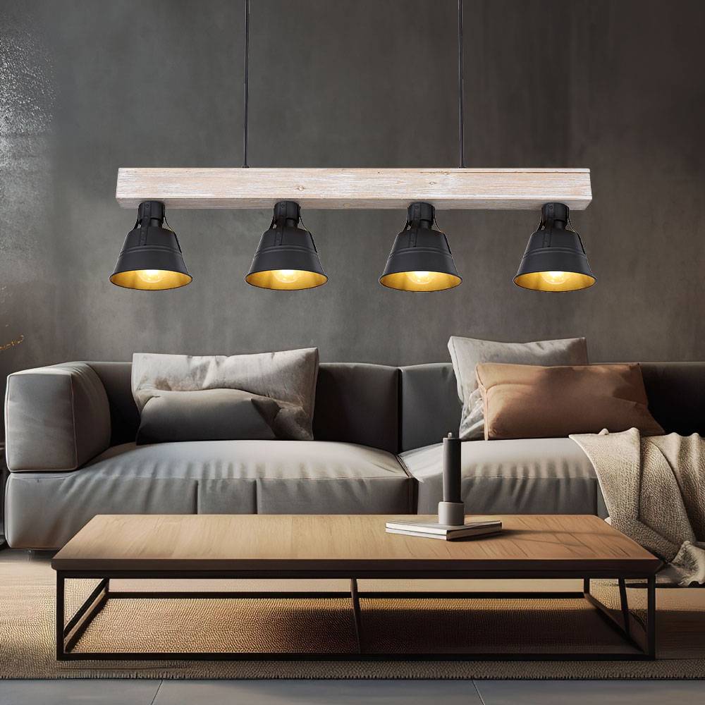 Pendelleuchte Hängelampe Hängeleuchte Holzlampe Esszimmerleuchte Pendellampe Esstisch, 4 Flammig Industriell, Holzbalken natur Metall schwarz, 4x E2