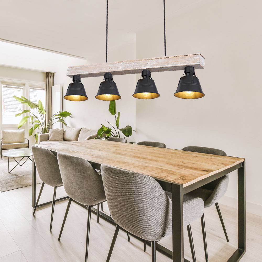 Pendelleuchte Hängelampe Hängeleuchte Holzlampe Esszimmerleuchte Pendellampe Esstisch, 4 Flammig Industriell, Holzbalken natur Metall schwarz, 4x E2