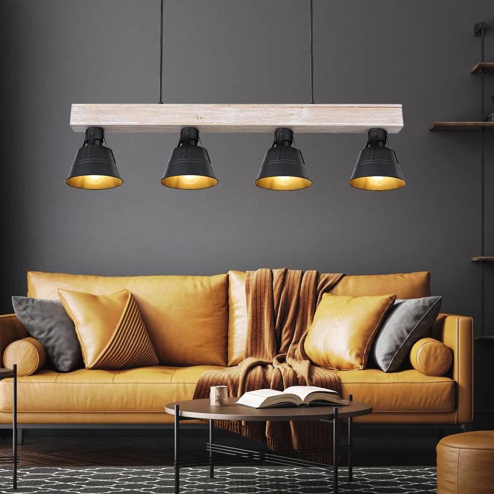 Pendelleuchte Hängelampe Hängeleuchte Holzlampe Esszimmerleuchte Pendellampe Esstisch, 4 Flammig Industriell, Holzbalken natur Metall schwarz, 4x E2