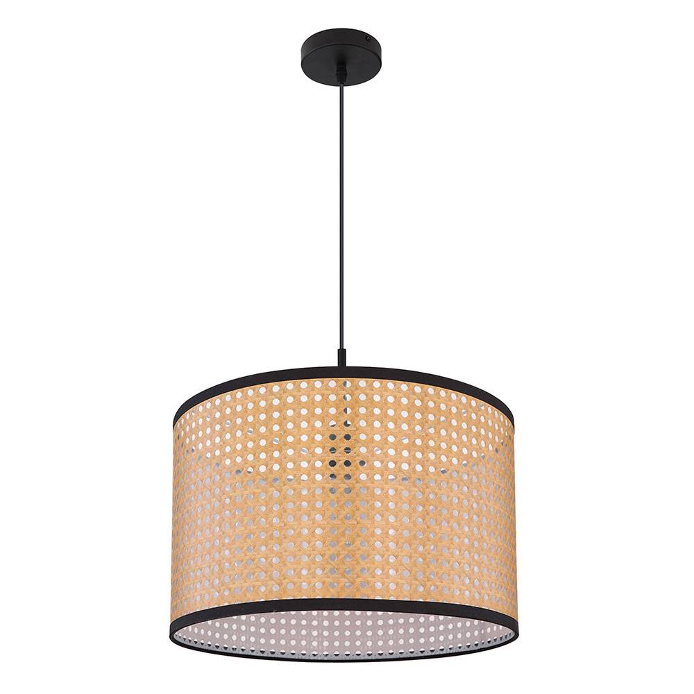 Hängelampe Pendelleuchte Deckenlampe Wohnzimmer Hängeleuchte Korbgeflecht Optik in naturfarben, Metall schwarz, 1x E27, DxH 45x140 cm