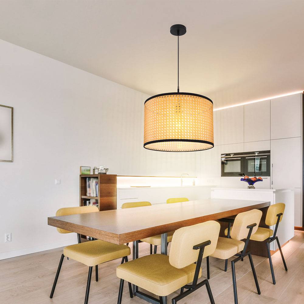 Hängelampe Pendelleuchte Deckenlampe Wohnzimmer Hängeleuchte Korbgeflecht Optik in naturfarben, Metall schwarz, 1x E27, DxH 45x140 cm