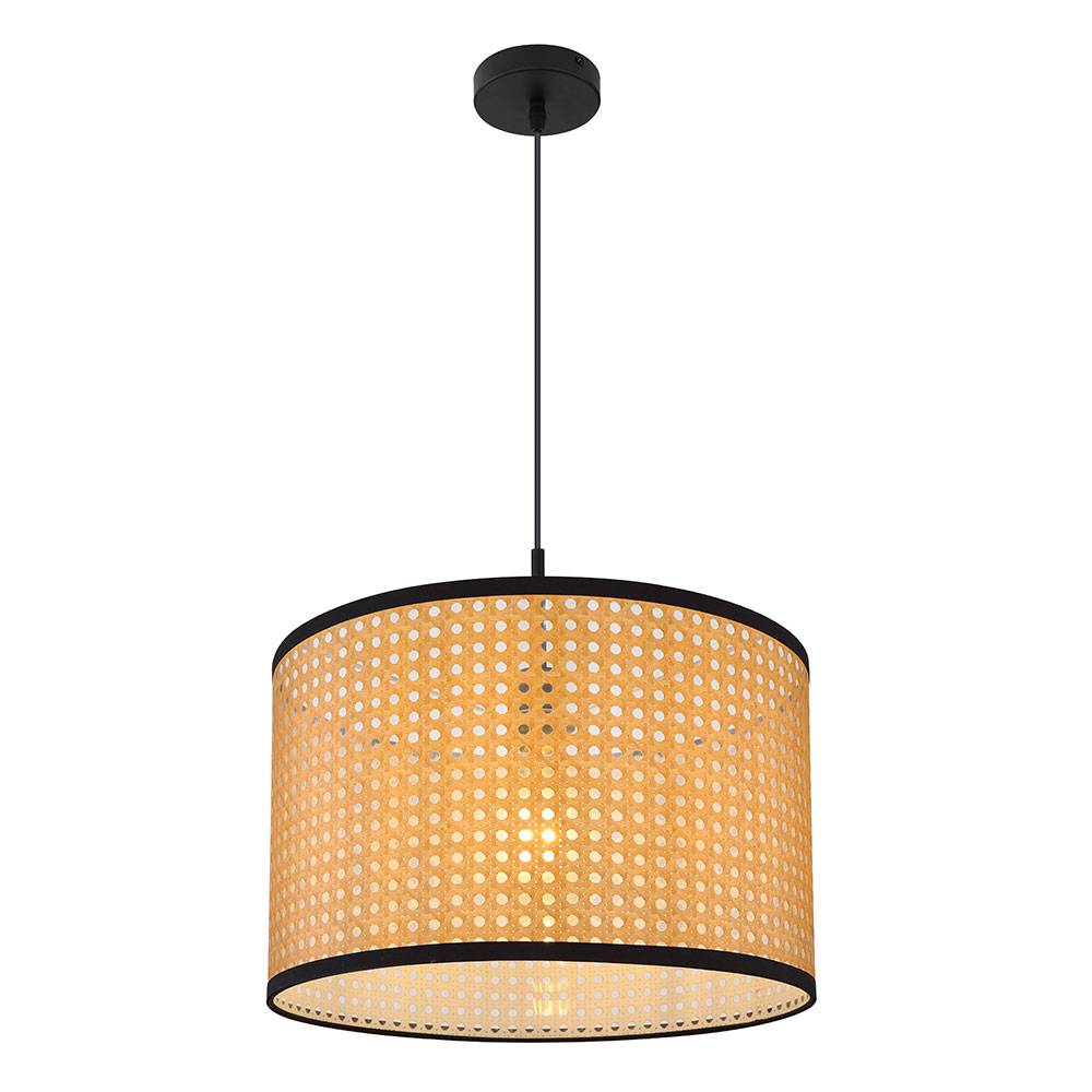 Hängelampe Pendelleuchte Deckenlampe Wohnzimmer Hängeleuchte Korbgeflecht Optik in naturfarben, Metall schwarz, 1x E27, DxH 45x140 cm
