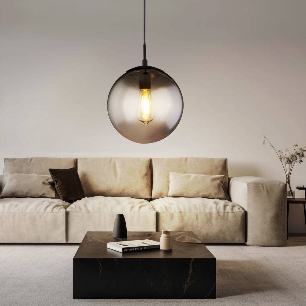 Decken Hängeleuchte mit Glaskugel Esstischlampe Wohnzimmerleuchte Rauchglas Kugel Pendelleuchte, 1x E27, IP20, DxH 25x120cm, Schlafzimmer