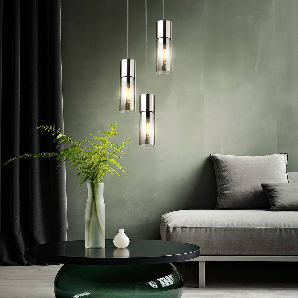 Hängeleuchte Rauchglas 3 Flammig Pendelleuchte nickelfarben Esszimmerleuchte Glas, Metall, 3x E27 Fassungen, DxH 30x150 cm