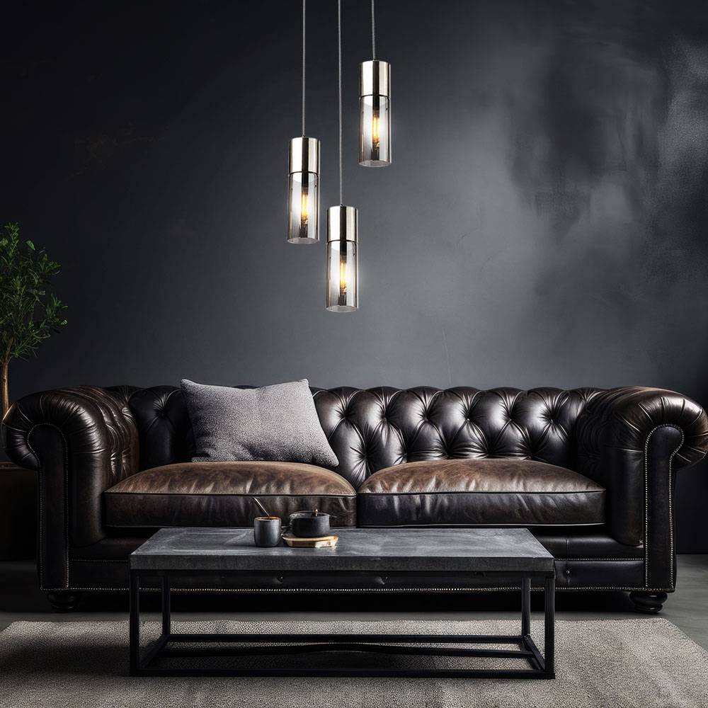 Hängeleuchte Rauchglas 3 Flammig Pendelleuchte nickelfarben Esszimmerleuchte Glas, Metall, 3x E27 Fassungen, DxH 30x150 cm