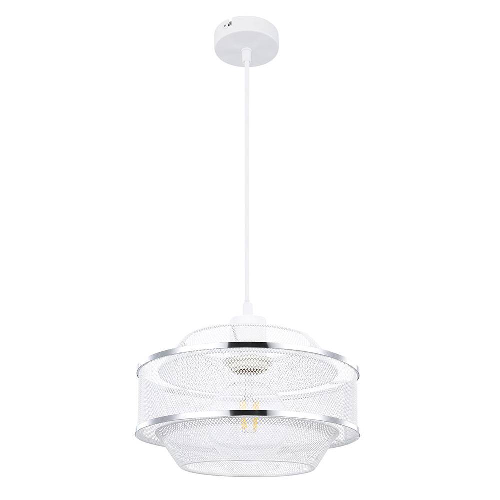 Hängelampe Esstisch Retro Pendelleuchte Vintage Wohnzimmerlampe hängend, Metallgeflecht, weiß Chrom Ring, 1x E27, DxH 25x150 cm