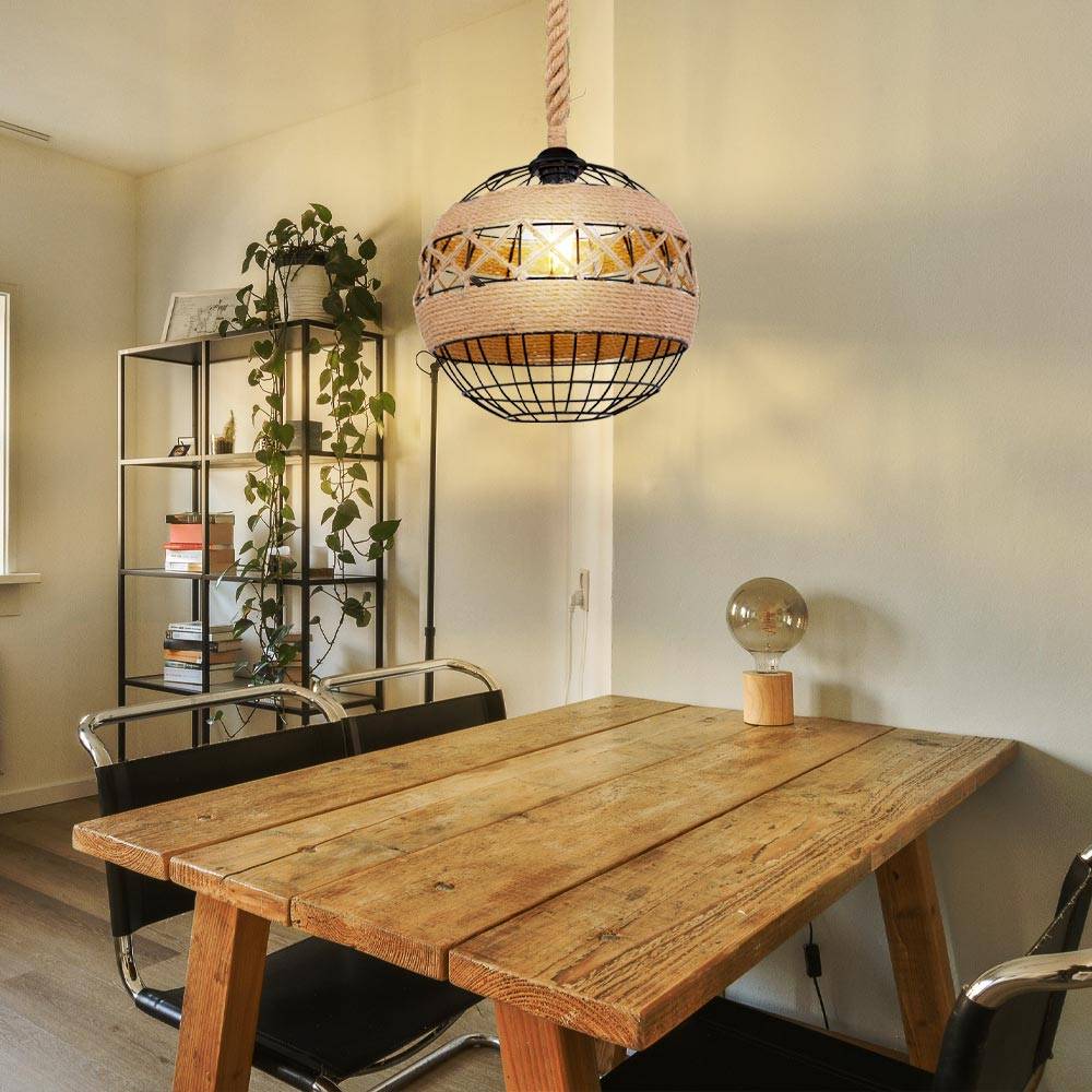 Hängeleuchte Pendelleuchte Retro Hanfseil Boho Esstischleuchte, Drahtgeflecht schwarz, 1x E27, DxH 30 x 120 cm