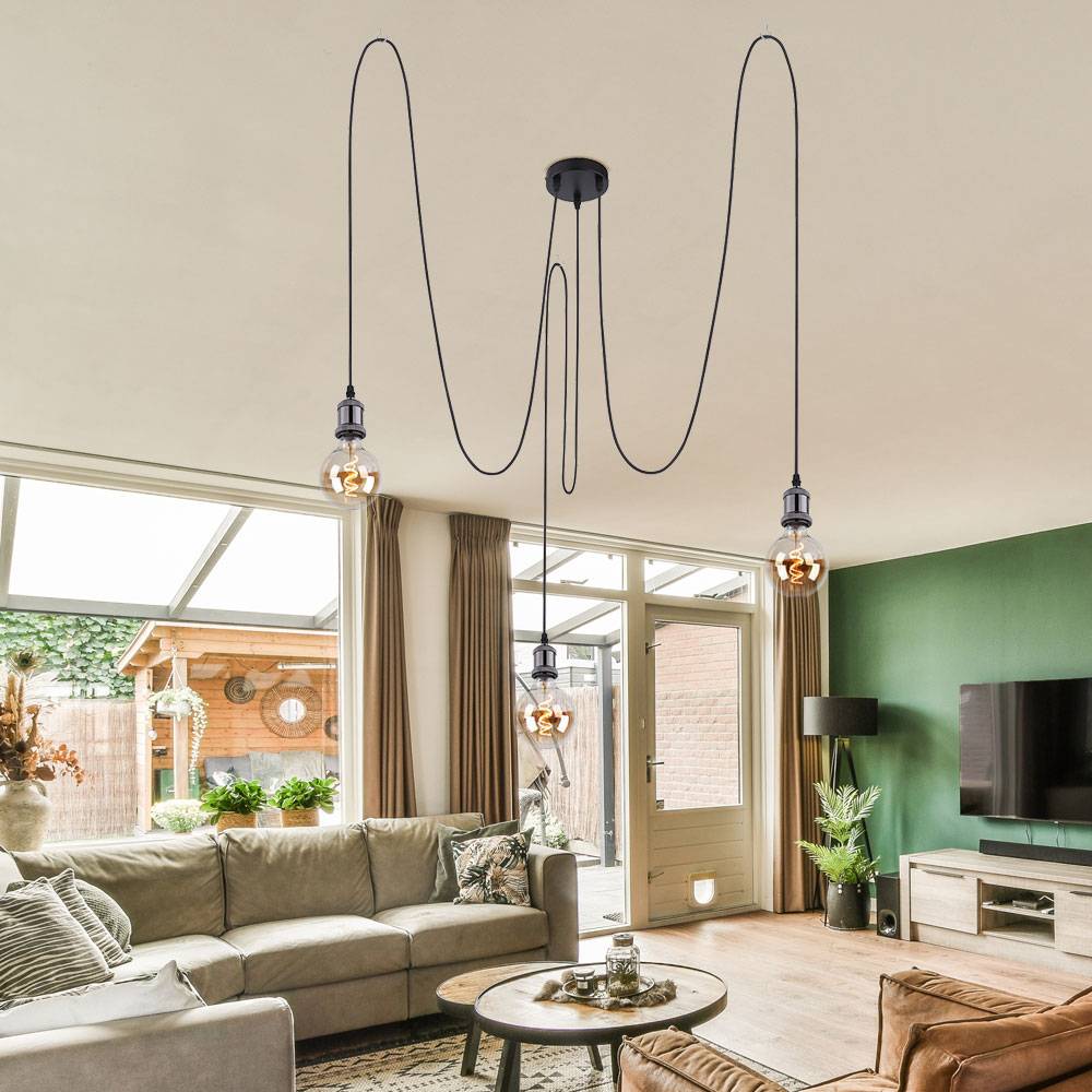 Hängeleuchte schwarz Metall Hängelampe Esstisch Retro 3 Flammige Pendelleuchte, locker hängende Fassungen, 3x E27, DxH 200x100 cm