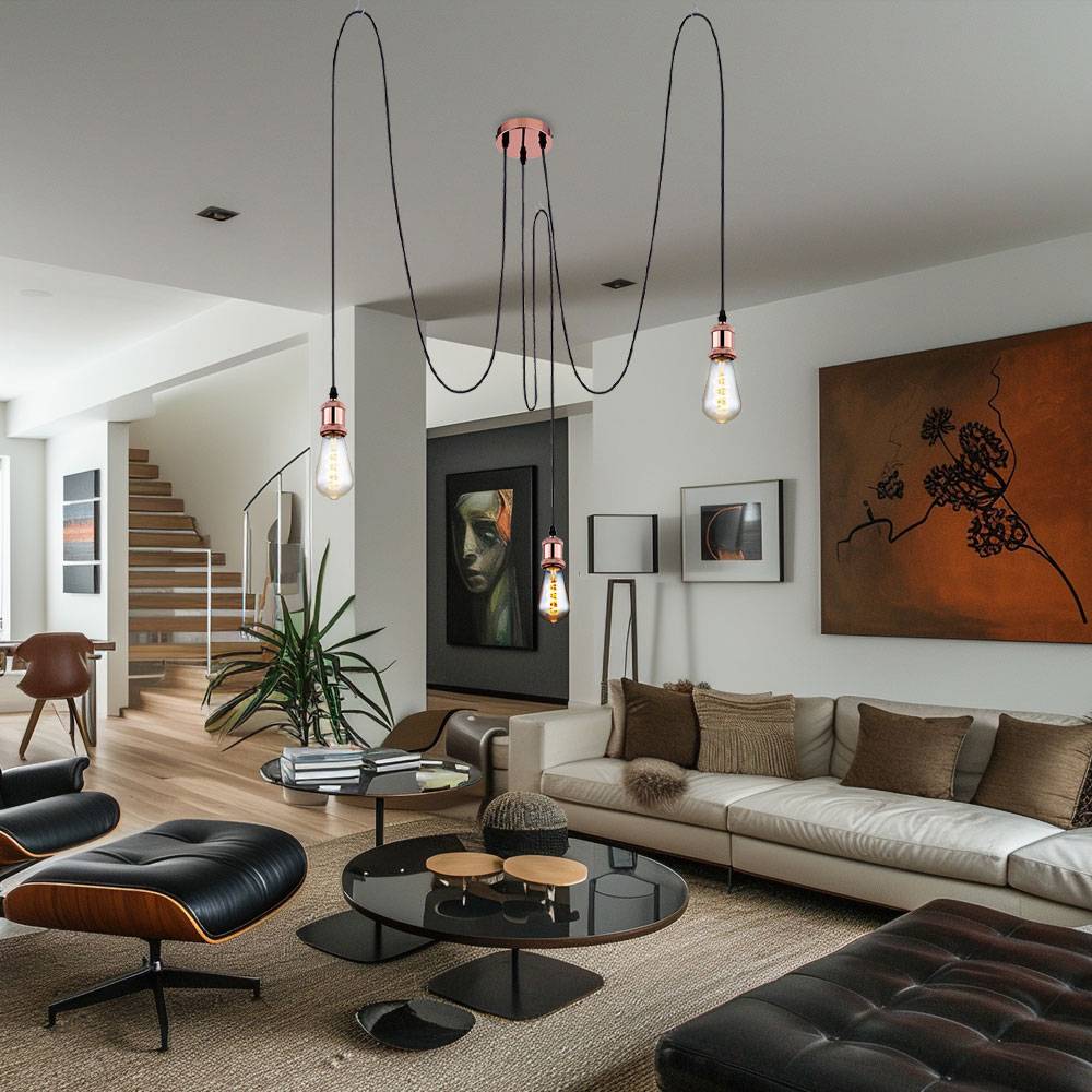 Pendelleuchte Esszimmerlampe 3 flammig Wohnzimmerlampe Hängeleuchte Industriell, Metall kupfer Textil schwarz, 3x E27, H 3x 200 cm