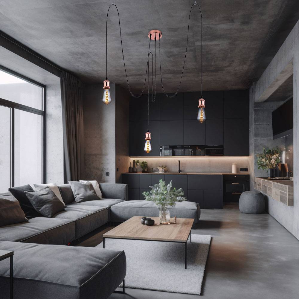 Pendelleuchte Esszimmerlampe 3 flammig Wohnzimmerlampe Hängeleuchte Industriell, Metall kupfer Textil schwarz, 3x E27, H 3x 200 cm
