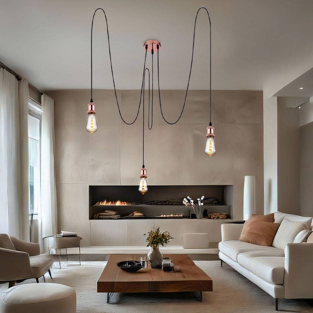Pendelleuchte Esszimmerlampe 3 flammig Wohnzimmerlampe Hängeleuchte Industriell, Metall kupfer Textil schwarz, 3x E27, H 3x 200 cm
