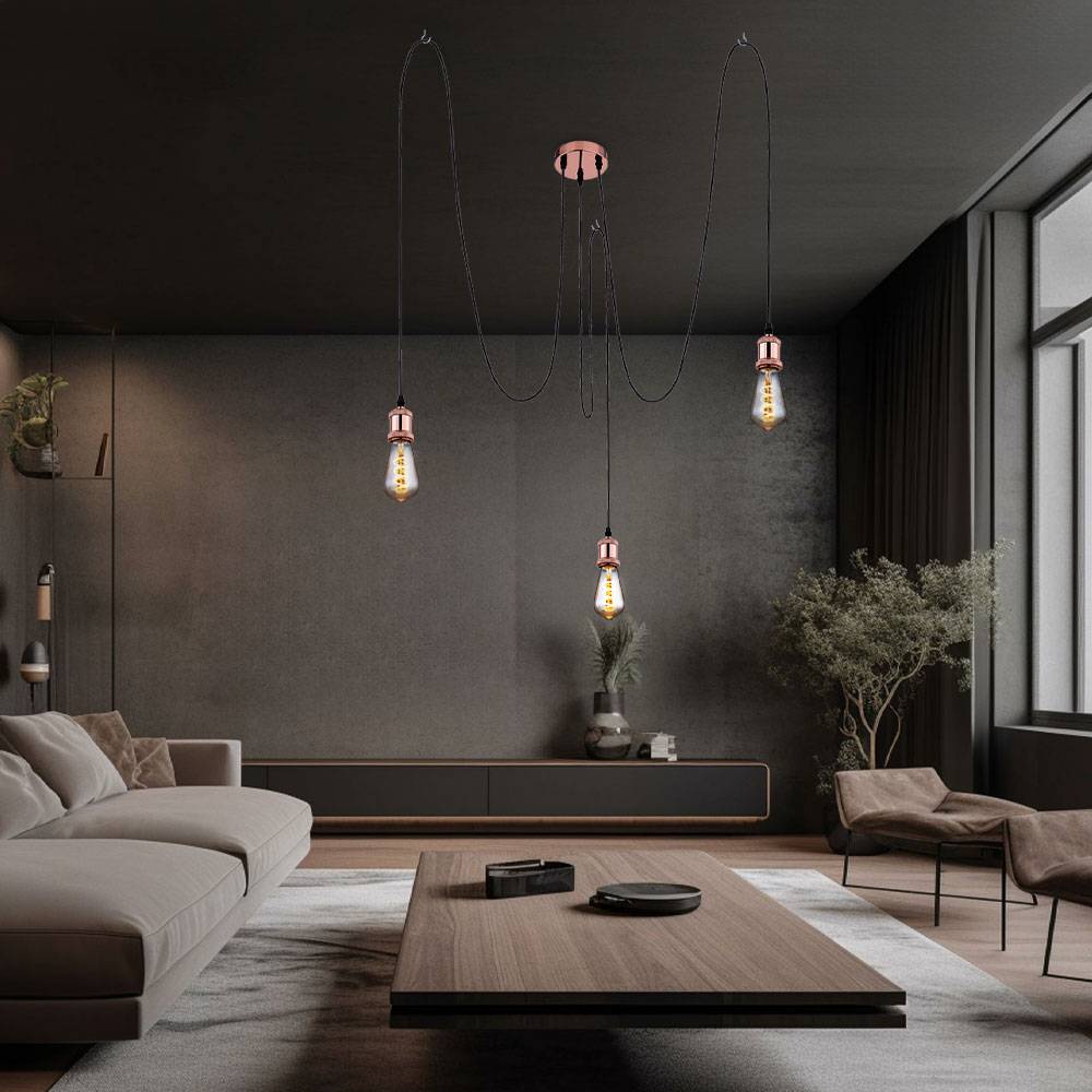 Pendelleuchte Esszimmerlampe 3 flammig Wohnzimmerlampe Hängeleuchte Industriell, Metall kupfer Textil schwarz, 3x E27, H 3x 200 cm