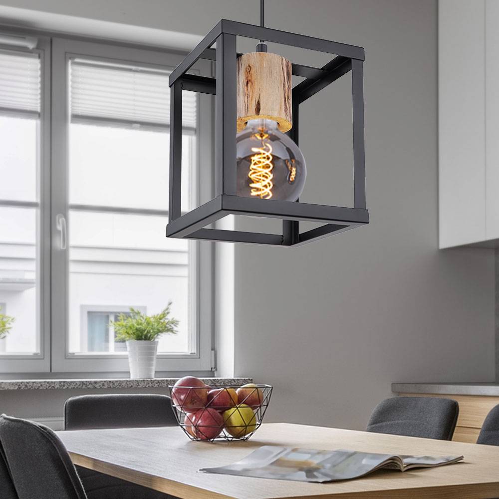 Hängelampe Esstisch Wohnzimmerleuchte schwarz Pendellampe modern, Industrial Hängeleuchte Metall Rahmen Holzoptik, 1x E27 Fassung, LxBxH 17x17x120