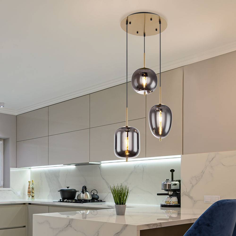 Pendelleuchte Glas 3 flammig Lampenschirm Hängelampe Glas Wohnzimmerlampe Messing, 3 flammig Metall Glas messingfarbig, 3x E14 Fassungen, DxH 46x120