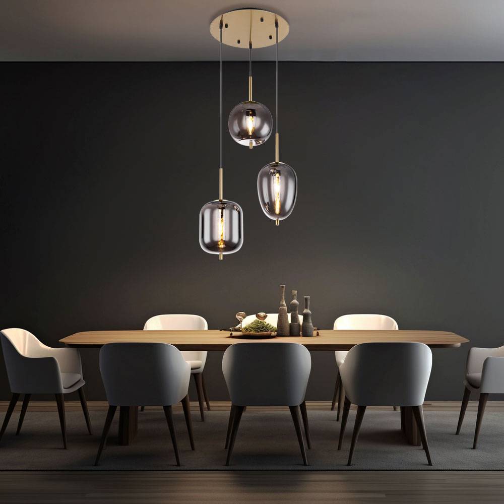 Pendelleuchte Glas 3 flammig Lampenschirm Hängelampe Glas Wohnzimmerlampe Messing, 3 flammig Metall Glas messingfarbig, 3x E14 Fassungen, DxH 46x120