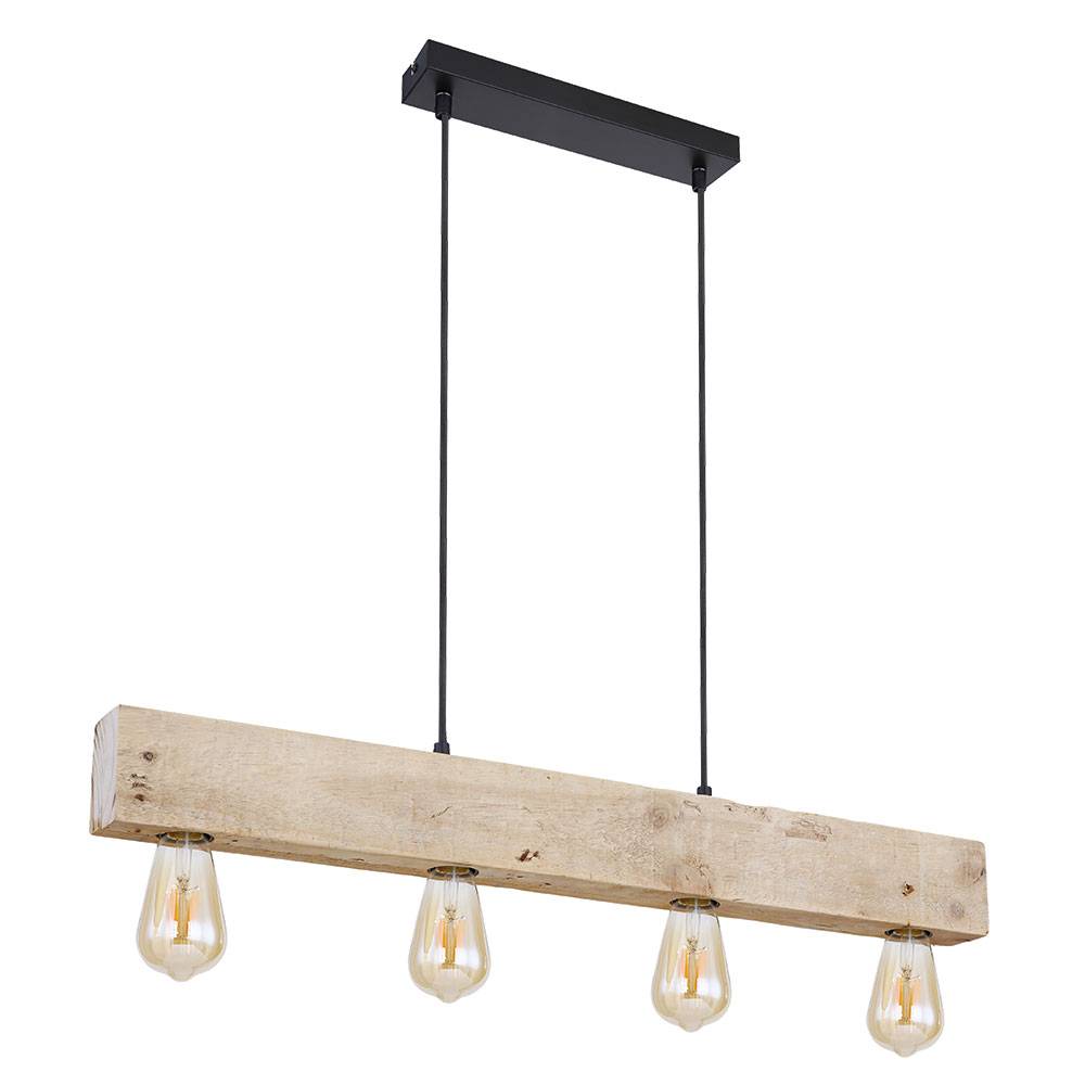 Pendelleuchte Holzleuchte Wohnzimmerlampe hängend Vintage Holz Hängelampe 4 flammig, Metall Holz natur schwarz matt, 4x E27 Fassungen, HxLxB 120x80x