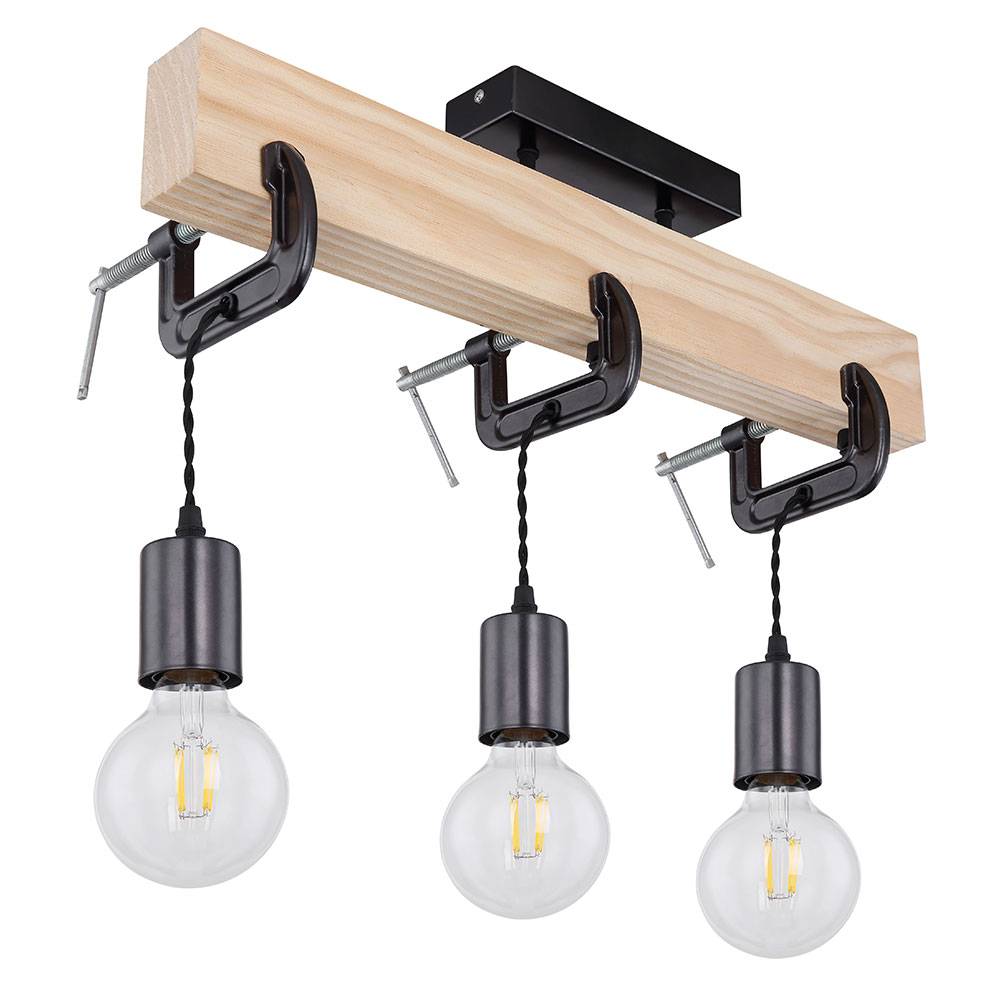 Holzleuchte Deckenlampe 3 flammig Esszimmerleuchte Wohnzimmer, Holz Metall naturfarben schwarz, 3x E27 Fassungen, HxLxB 39x60x14 cm